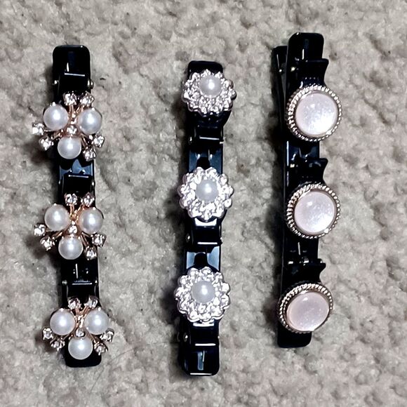 Sparkling Faux Pearl, Rhinestone, Crystal Gold-Tone Black Hair Clip, Set of 3 - Picture 3 of 3